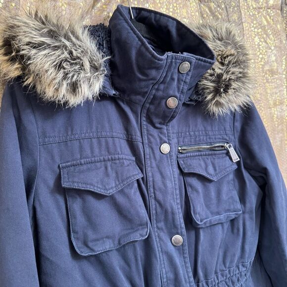 BCBGeneration Navy Blue Hooded Faux Fur Trim Anorak Parka Coat Large - Picture 3 of 10